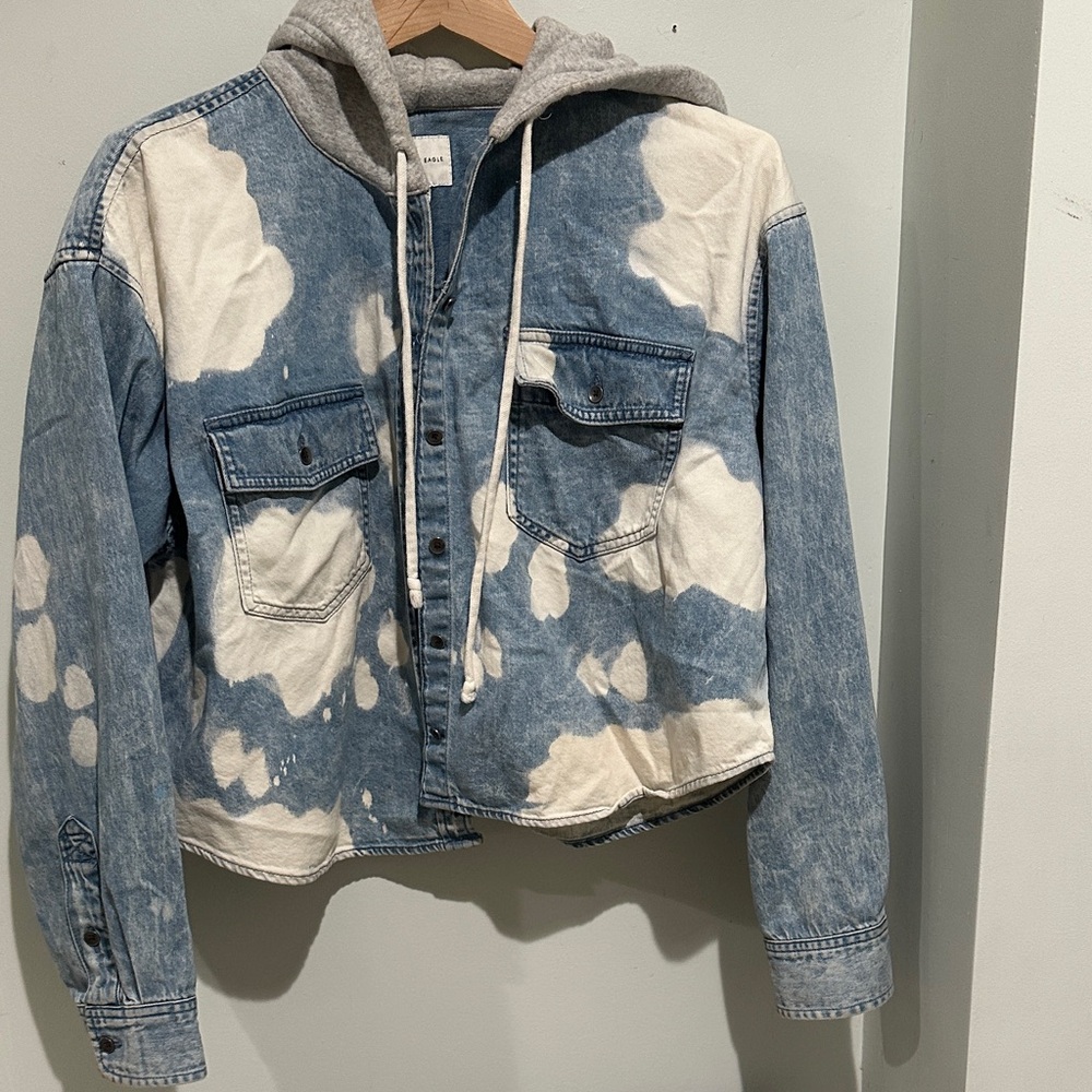 American Eagle Outfitters Blue and White Bleached Denim Jacket with Gray Hoodie